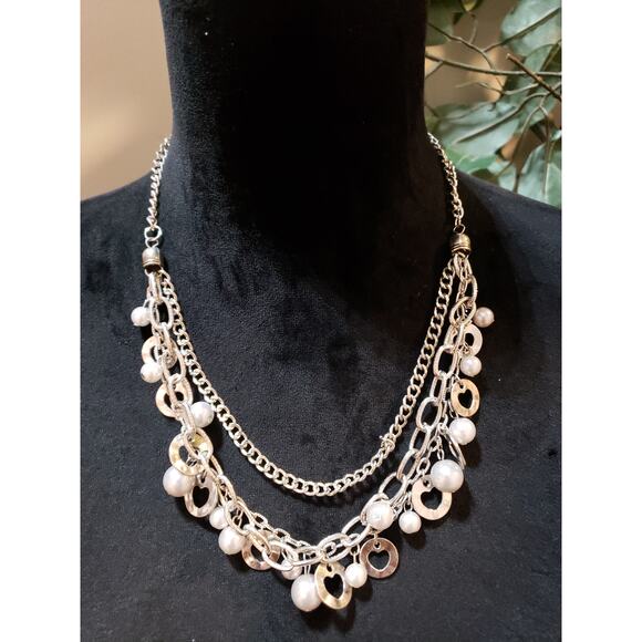 Womens Silver Tone Multi-layered Faux Pearl Heart Chain Charm Statement Necklace - Picture 1 of 6